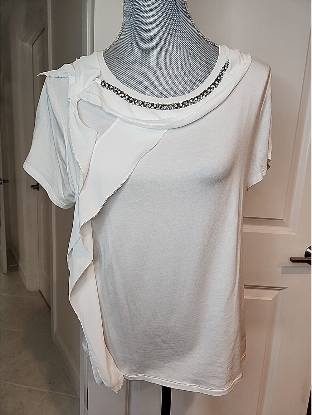 Whbm Jewel Neck Tee Womens Sz L White Holiday NWT